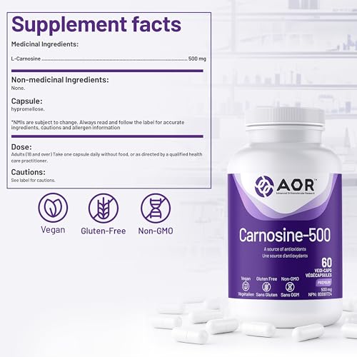 AOR Carnosine Supplément 500 mg Acides Aminés - Soutien Antioxydant pour la Fonction Cellulaire, la Vitalité Musculaire et le Bien-être Cognitif - Formule Végétalienne, sans OGM et sans Gluten