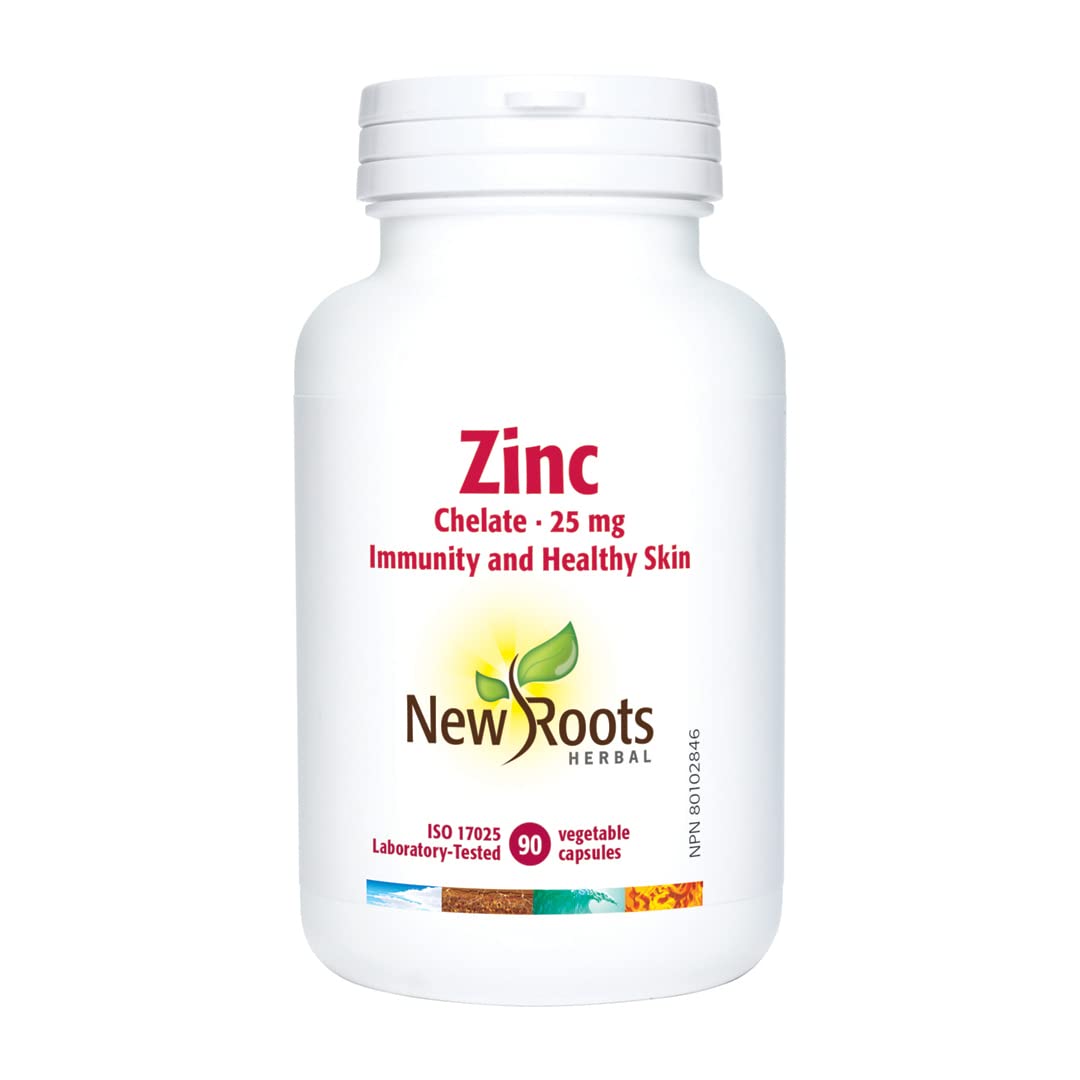 New Roots Herbal - Chélate de zinc 25 mg, 90 capsules végétales (approvisionnement de 90 jours) - Aide à maintenir la fonction immunitaire et le tissu conjonctif et favorise la santé de la peau - Zinc hautement absorbable - Sans OGM