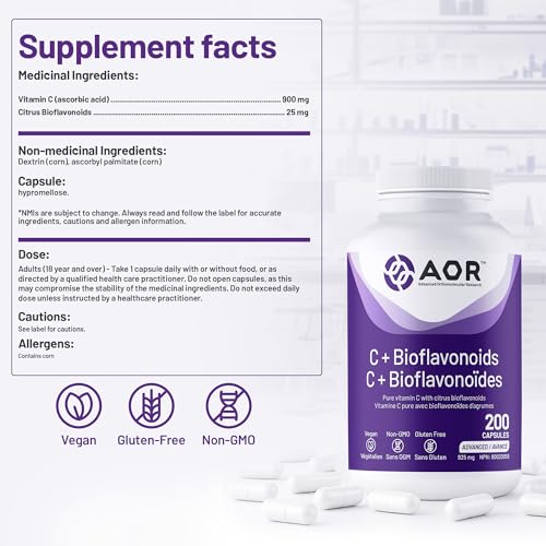 AOR - C+ Bioflavonoïdes 925 mg, 100 capsules - Supplément de vitamine C acide ascorbique avec bioflavonoïdes d'agrumes - Soutien cérébral, santé cardiaque, soutien immunitaire, santé vasculaire et cicatrisation des plaies