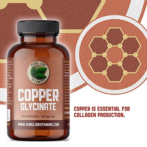 Pure Lab Vitamins - Glycinate de cuivre - Supplément minéral 1 mg 60 gélules végétales | Essentiel pour la production de collagène, le système immunitaire et la formation des globules rouges | Sans OGM, sans gluten | Formulé et fabriqué au Canada
