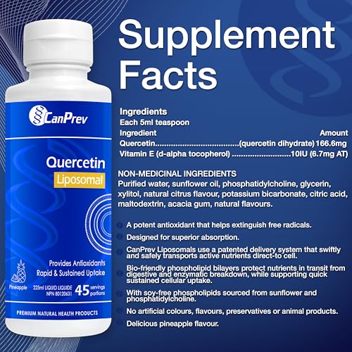CanPrev Quercétine Liposomale, 225 ml Liquide 45 Portions, Saveur Ananas - Soutient la Santé Immunitaire & Cardiovasculaire, Supplément Antioxydant, Pression Artérielle & Circulation Sanguine Saines - Végétalien, Sans OGM