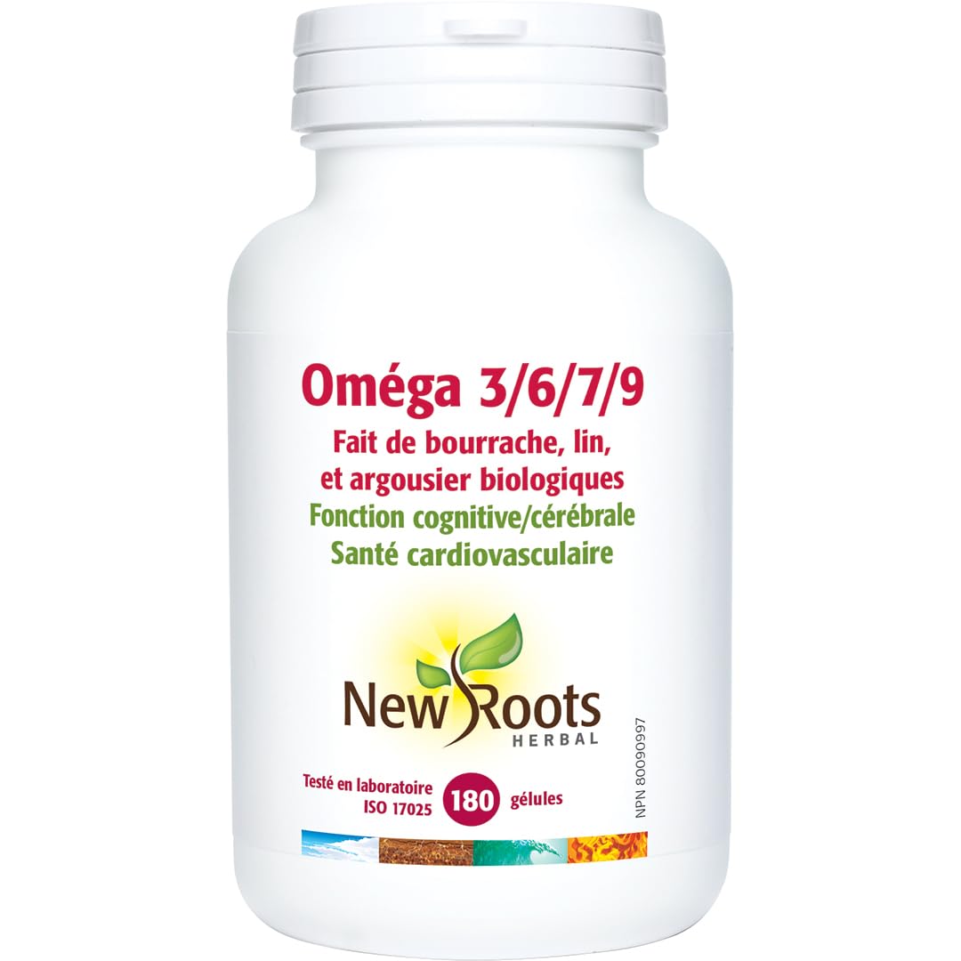 New Roots Herbal Oméga 3/6/7/9, 180 gélules, pour 45 jours, mélange biologique de bourrache, graines de lin et argousier, favorise la fonction cardiaque et le bien-être cognitif, sans OGM, sans arrière-goût de poisson, facile à avaler