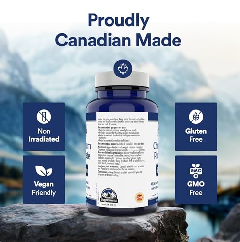 Chromium Picolinate 500mcg - Glucose and Blood Sugar Support Supplement - Muscle Mass and Metabolism Support - An alternative to berberine - 3rd Party Tested - Formulated & Made in Canada