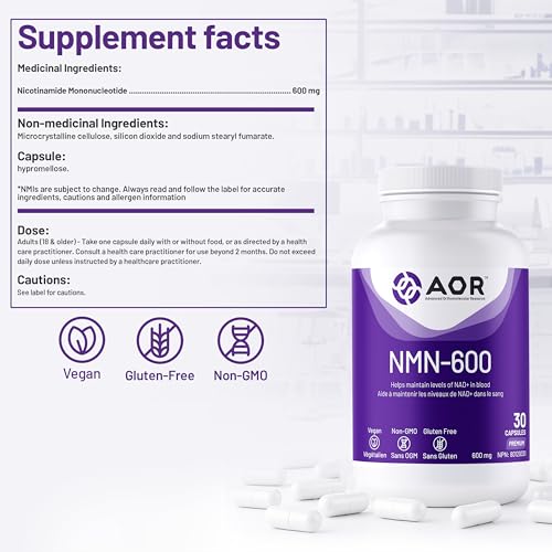 AOR NMN-600mg, 30 gélules végétaliennes - Sans OGM, sans gluten, mononucléotide de nicotinamide à haute puissance - Soutient la santé cellulaire et la production d'énergie - Supplément de NMN au Canada