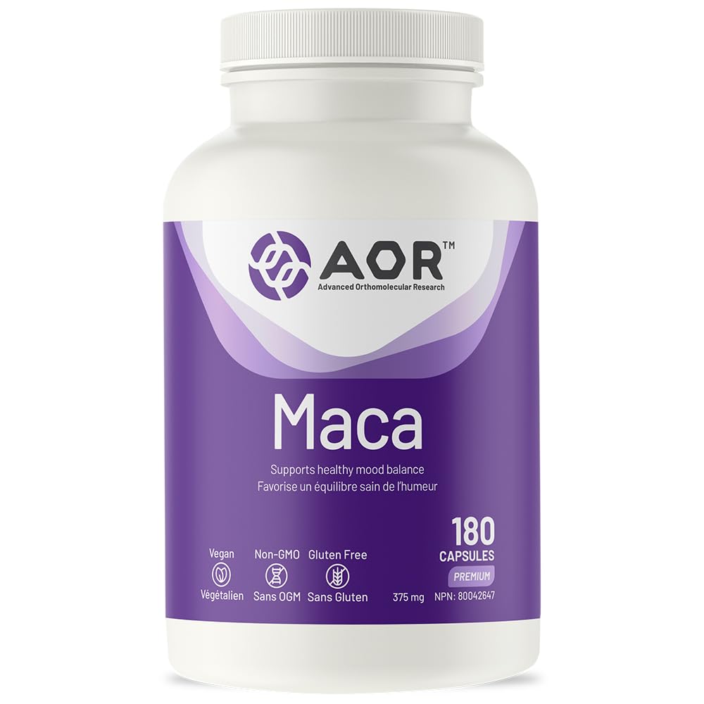 AOR Maca Root 375 mg, 180 capsules, 90 jours d'approvisionnement - Soutient l'énergie et la vitalité - Supplément d'extrait de racine de Maca, favorise une fonction hormonale équilibrée - Soutien ménopause et andropause - Végétalien, sans gluten