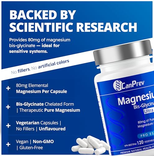 CanPrev Bis-Glycinate de Magnésium 80 Ultra Doux l Soutient la production d'énergie l Os, dents et muscles solides l Favorise la relaxation