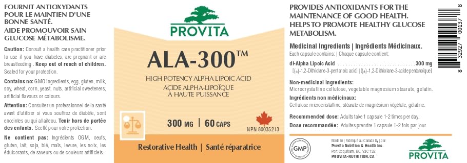 ALA-300 Acide Alpha Lipoïque par Provita Nutrition (Fabriqué au Canada) 60 capsules