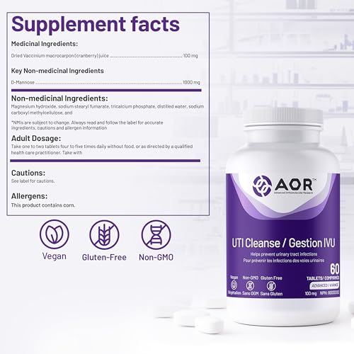 AOR - UTI Cleanse, 120 comprimés - Jus de canneberge avec supplément de D-Mannose - D-Mannose pour la santé des voies urinaires - Extrait de jus de canneberge séchée Vaccinium Macrocarpon