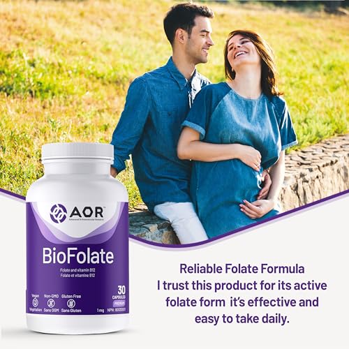 AOR BioFolate 1mg Méthylfolate 5-MTHF Plus Supplément B12, végétalien, sans OGM et sans gluten, Vitamine B9 Folate active, Méthyl B12 pour le soutien cardiovasculaire et le bien-être nutritionnel