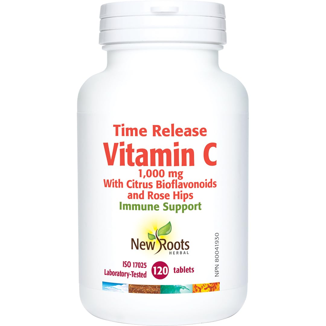 New Roots Herbal Vitamine C à Libération Prolongée 1000 mg avec Bioflavonoïdes d'Agrumes et Cynorrhodon, 120 Comprimés - Fourniture de 4 Mois, Absorption Prolongée - Soutient la Formation de Collagène et la Protection Antioxydante, Sans OGM