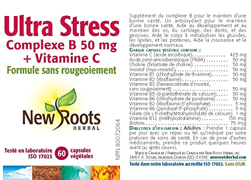 New Roots Ultra Stress Complexe B 50 mg + Vitamine C, Soutient le métabolisme des nutriments et la formation des tissus, Formule sans rougeurs, 60 gélules végétales pour 60 jours