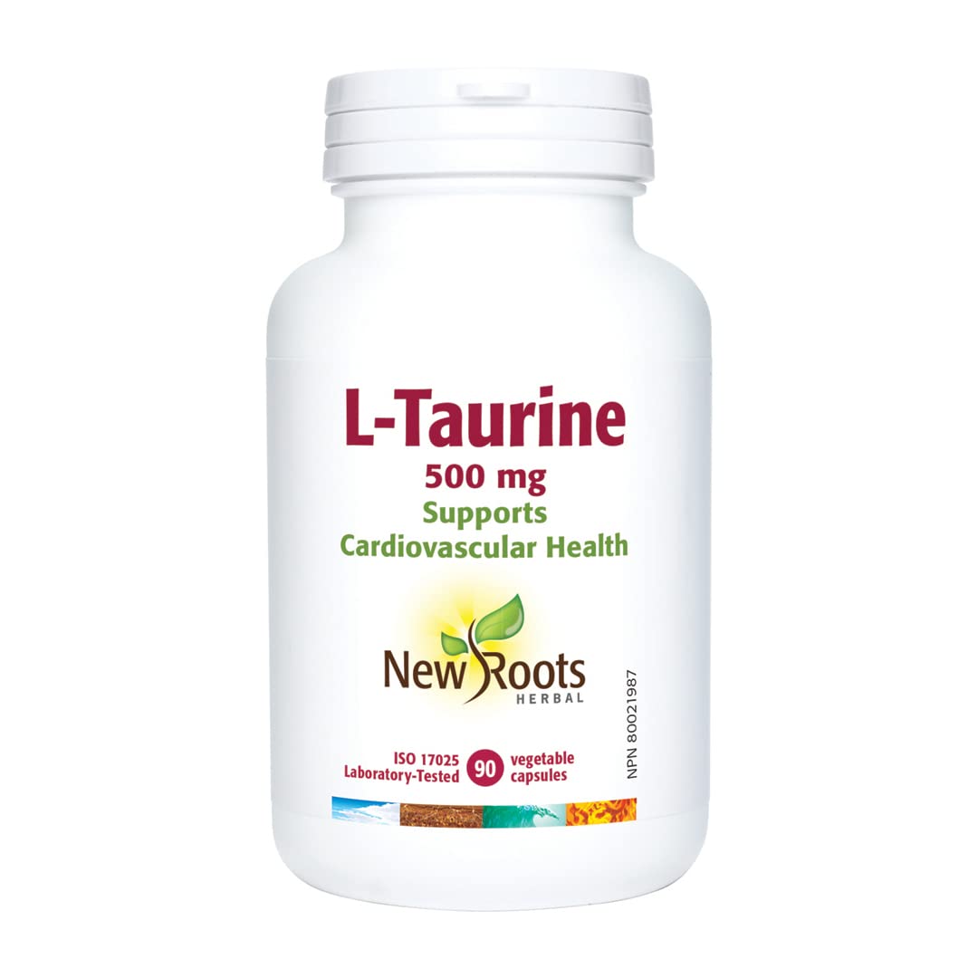 New Roots Herbal - L-Taurine 500 mg, 90 capsules, cure de 30 jours – Contribue au soutien des fonctions cardiovasculaire et du système nerveux – Santé oculaire, fonction cognitive, récupération musculaire et après l'effort – Sans gluten