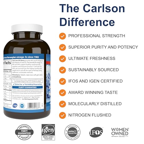 Carlson - Cod Liver Oil Gems, Low Vitamin A, 920 mg Omega-3s + Vitamin D3, Norwegian, Sustainably Sourced