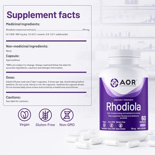 AOR Rhodiola Rosea 170mg - Soutien cognitif pour une concentration et une résilience améliorées, Rosavin et Salidroside, Favorise la clarté mentale et la vitalité physique, Végane, Sans OGM et Sans Gluten