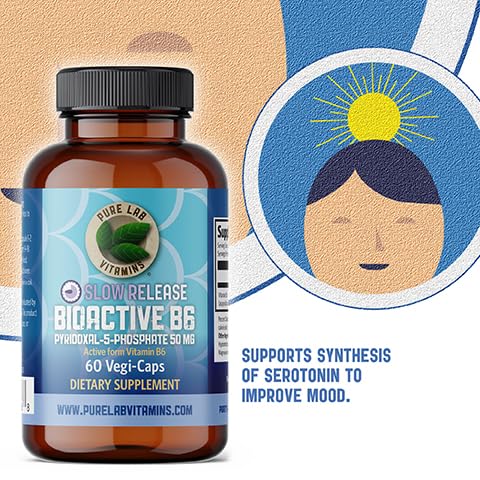 Pure Lab Vitamins | Slow Release Bioactive Vitamin B6 50mg | 60 Capsules | Vitamin B6 for Pregnancy Nausea Relief | P5P Pyridoxal 5 Phosphate | Serotonin Mood Support, Immune System Support, Metabolism Support