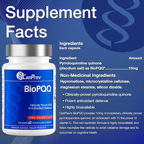 CanPrev - Supplément BioPQQ, 60 capsules, approvisionnement de 30 jours - PQQ Pyrroloquinoline Quinone pour le soutien de la mémoire, la santé cardiaque, le vieillissement sain et la santé cognitive - Supplément antioxydant - Végétalien et sans OGM