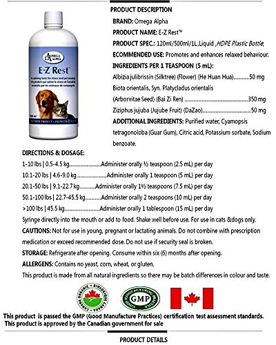 Favorise et Améliore le Comportement Relaxé des Animaux/Tonique Apaisant pour le Stress et l'Anxiété des Animaux - Omega Alpha E-Z Rest - 500ml