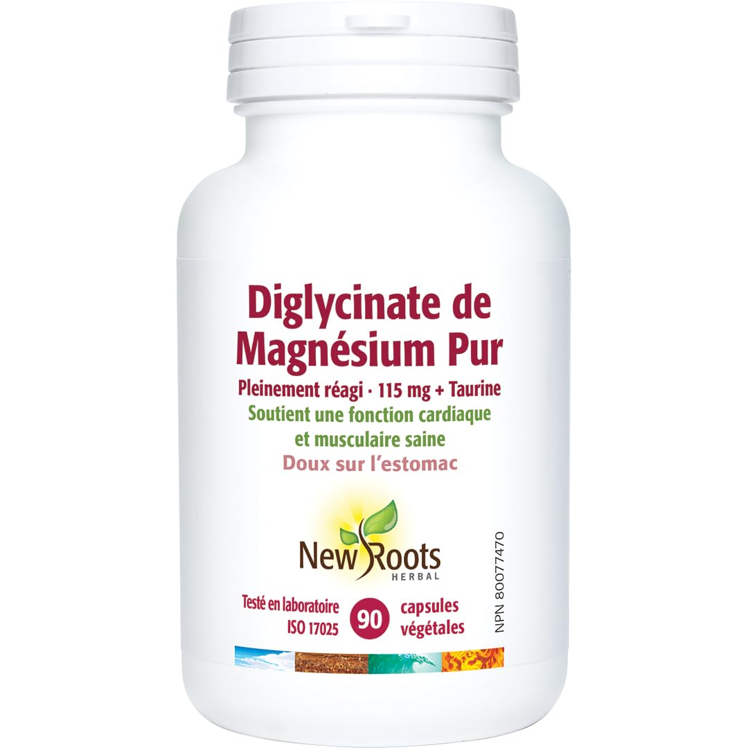 New Roots Herbal Bisglycinate de magnésium pur 115 mg + Taurine 25 mg, 90 capsules végétales, approvisionnement de 30 jours, doux pour l'estomac, soutient les muscles, les nerfs, le cœur et la force osseuse, sans OGM, fabriqué au Canada
