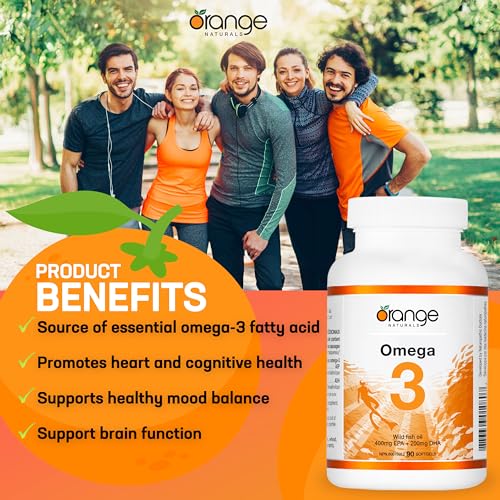 Orange Naturals Huile de poisson Oméga-3 - 90 gélules pour une meilleure santé cérébrale et cardiaque, acides gras essentiels triple concentration, sans OGM, haute teneur en EPA et DHA, soutient la fonction cognitive et le bien-être cardiaque