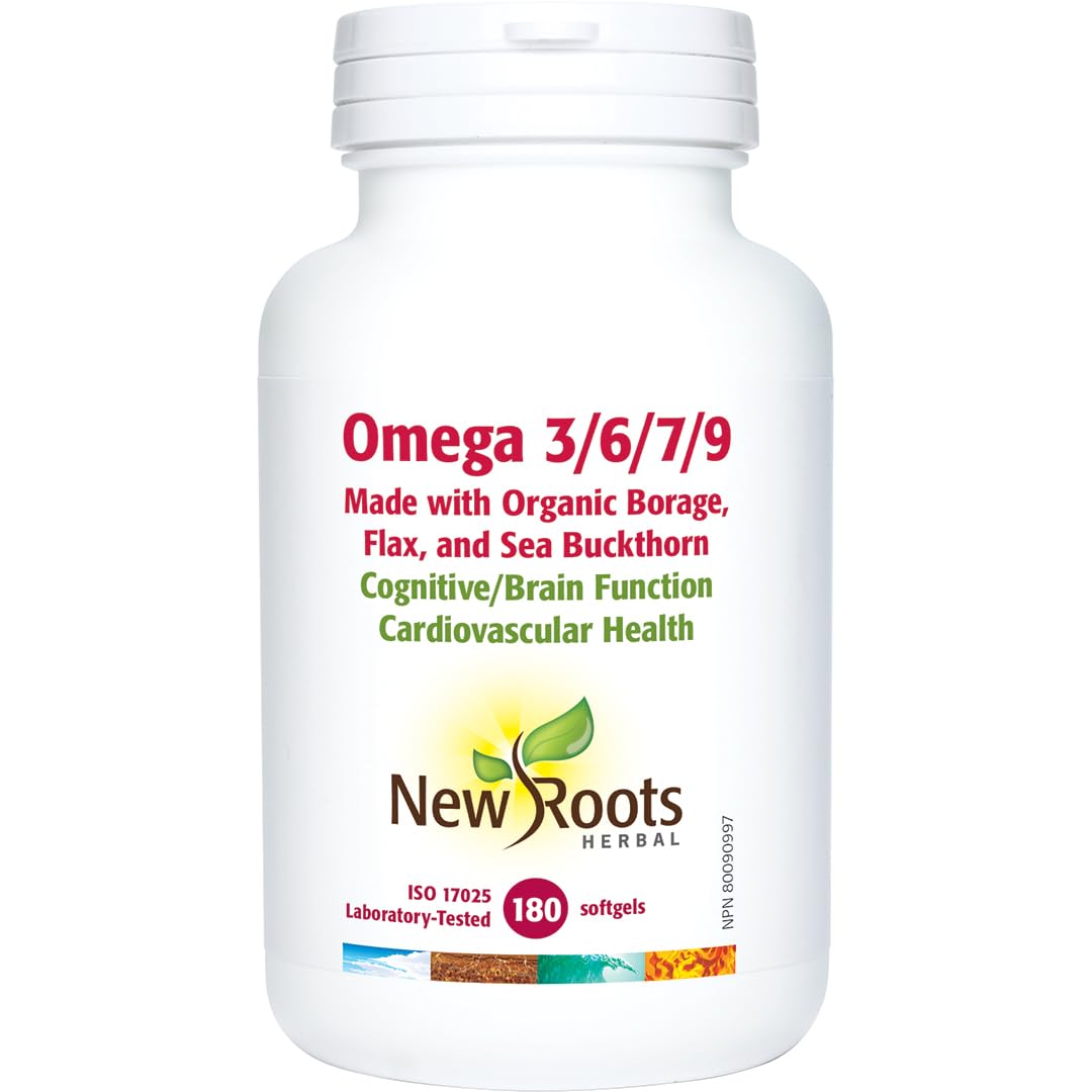New Roots Herbal Oméga 3/6/7/9, 180 gélules, pour 45 jours, mélange biologique de bourrache, graines de lin et argousier, favorise la fonction cardiaque et le bien-être cognitif, sans OGM, sans arrière-goût de poisson, facile à avaler