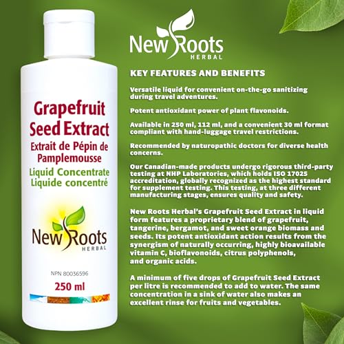 New Roots Herbal - Extrait de pépins de pamplemousse (EPP) - Concentré liquide format voyage, source de vitamine C pour le bien-être quotidien, sans gluten ni soja - Favorise le confort digestif et la vitalité de la peau