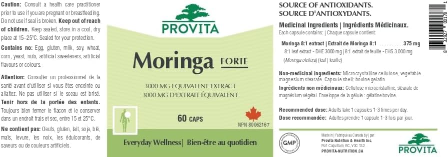 Moringa Forte par Provita Nutrition (Fabriqué au Canada) 60 capsules