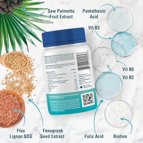 Biotin for Hair Growth Supplement with Vitamins B2, B3, B6, Saw Palmetto, Fenugreek Seed, Flax Lignan, & Biotin for Hair Regrowth for Men, Hair-loss Treatment and Prevention, Made in Canada