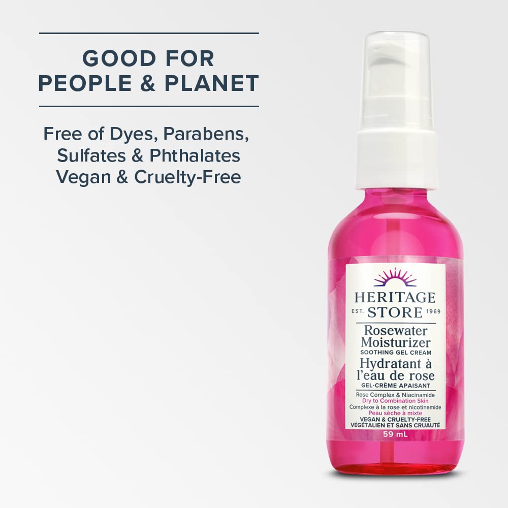 Heritage Store - Rosewater Moisturizer | Soothing Gel Cream | Rose Complex and Niacinamide | Vegan & Cruelty Free | Dry to Combination Skin Type | 59ml, Clear