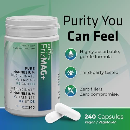 PrizMAG Magnesium Bisglycinate - Chelated Form for High Absorption, with Added Vitamin D3 & K2, Capsules for Bone & Muscle Support - No Fillers or GMOs | Made in Canada