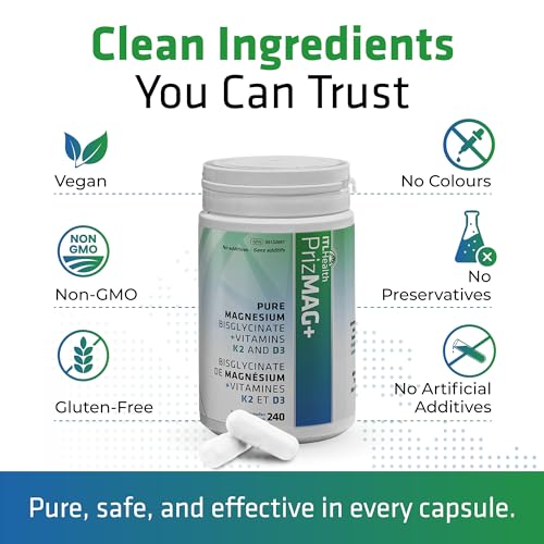 PrizMAG Magnesium Bisglycinate - Chelated Form for High Absorption, with Added Vitamin D3 & K2, Capsules for Bone & Muscle Support - No Fillers or GMOs | Made in Canada