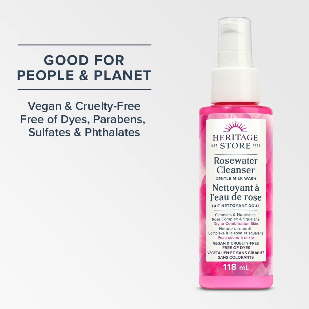 HERITAGE STORE - Rosewater Cleanser | Gentle Milk Wash | Purifies and Nourishes | Rose Complex and Squalane | Vegan & Cruelty Free | Free of Dyes| Dry to Combination Skin Type | 118ml, Clear