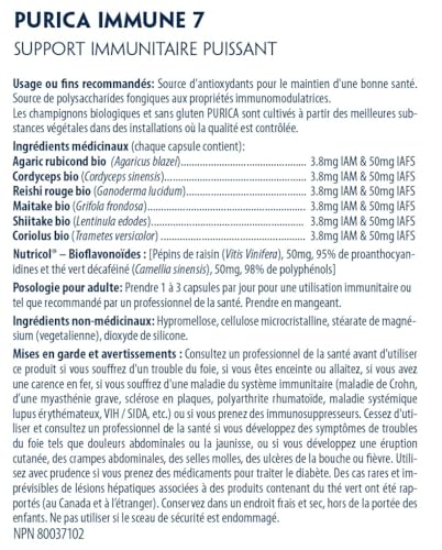 PURICA Complexe Immunitaire 7, 60 gélules - Soutien immunitaire complet avec Coriolus versicolor, Cordyceps, Reishi, Maitake, Shiitake, Champignon du Soleil - Vitalité à spectre complet, Améliore la santé et le bien-être