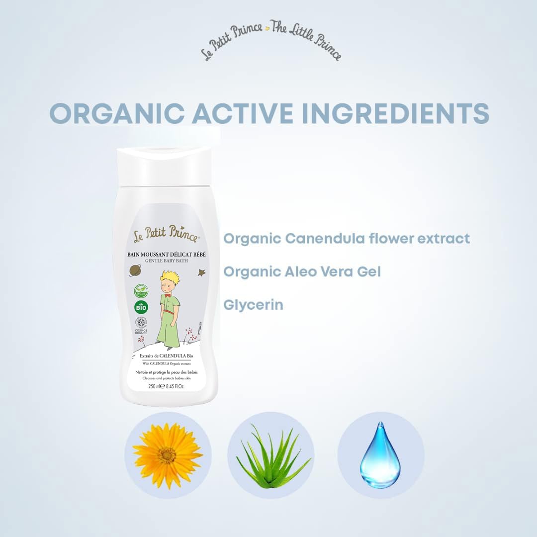 Le Petit Prince Baby Bath, 250ml, Organic Calendula & Aloe Vera Extracts, COSMOS Organic Certified, Gentle Tear-Free Formula, Ideal for Sensitive Skin, Suitable for Newborns and Up, Made in France