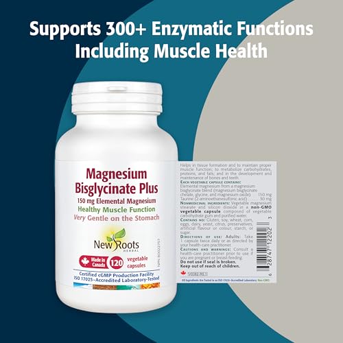 New Roots Herbal Bisglycinate de magnésium Plus, 60 capsules végétales pour 30 jours - 150 mg de magnésium élémentaire, favorise un mode de vie actif, sans OGM, sans gluten, doux pour la digestion avec une absorption supérieure