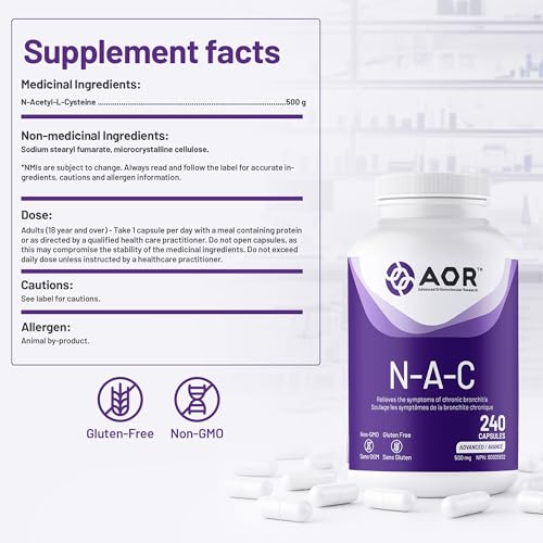AOR - Complément de NAC 500mg N-Acétylcystéine, 120 Gélules - Soulagement du mucus, Soulagement de la bronchite, Évacuation du mucus, Complément respiratoire et de détoxification - Gélules de N-Acétylcystéine NAC 500mg