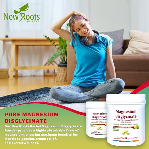 New Roots Herbal - Magnesium Bisglycinate Powder, Lime Flavor Drink Mix - Pure Magnesium Glycinate with Vitamin C for Sleep, Support Heart Health, Muscles Function, Bone & Metabolism