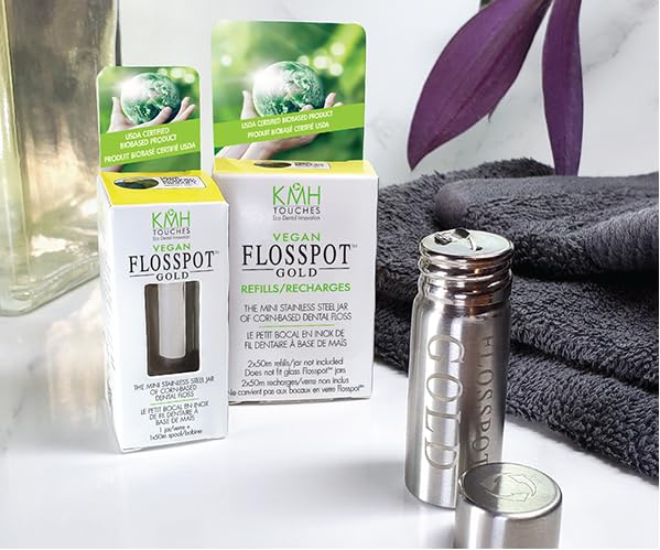 FLOSSPOT Vegan Gold Dental Floss | Mini Stainless Steel Jar - 50m | Eco-Friendly PLA & Candelilla Wax Coating | Ginger-Mint Flavor