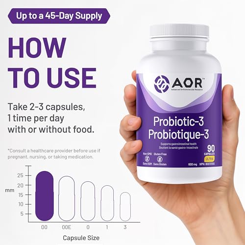 AOR Probiotic 3 - Gut Health Complex for Women & Men, Supports Digestive and Immune System, Contains Probiotics and Digestive Enzymes, Ideal for Balanced Intestinal Flora