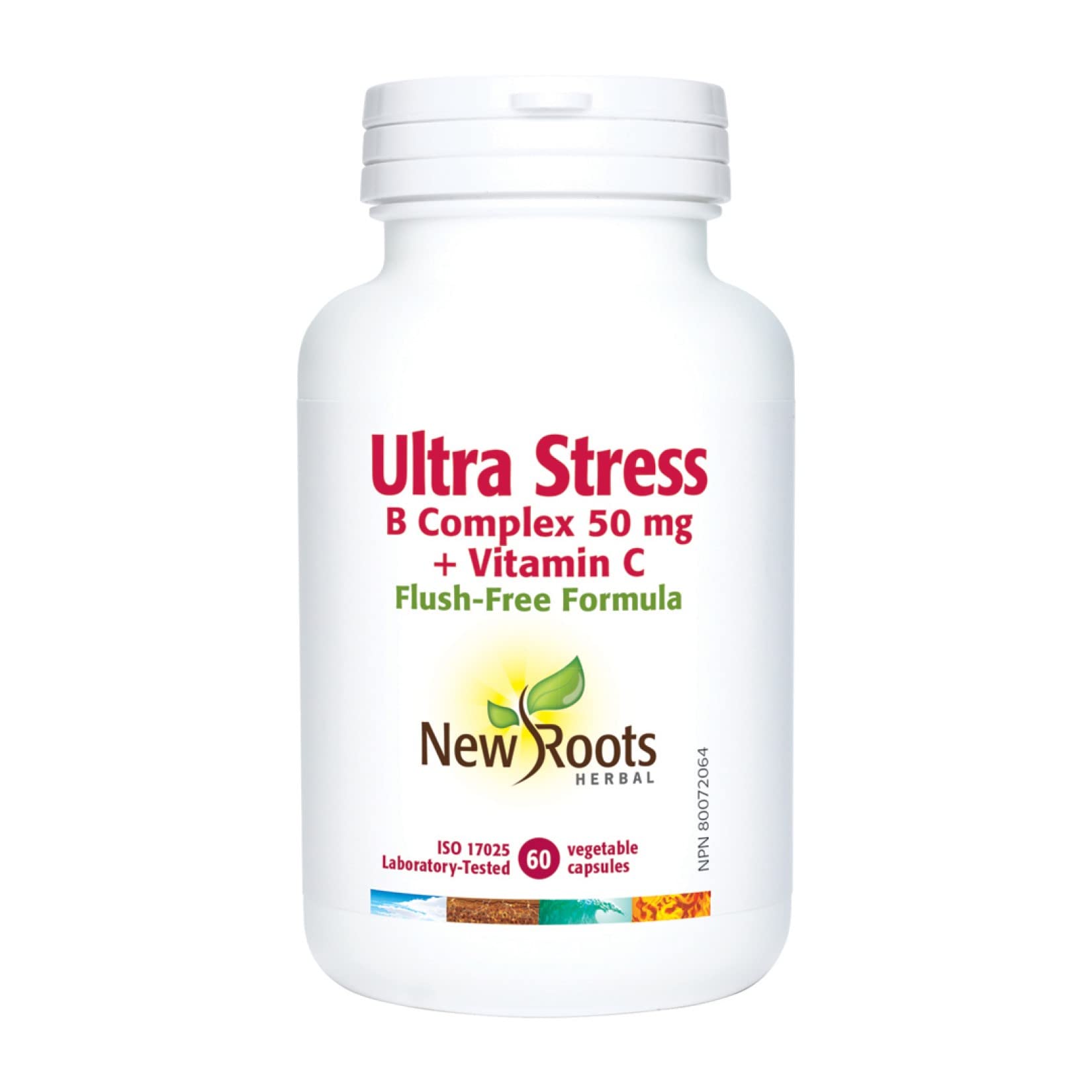 New Roots Ultra Stress Complexe B 50 mg + Vitamine C, Soutient le métabolisme des nutriments et la formation des tissus, Formule sans rougeurs, 60 gélules végétales pour 60 jours