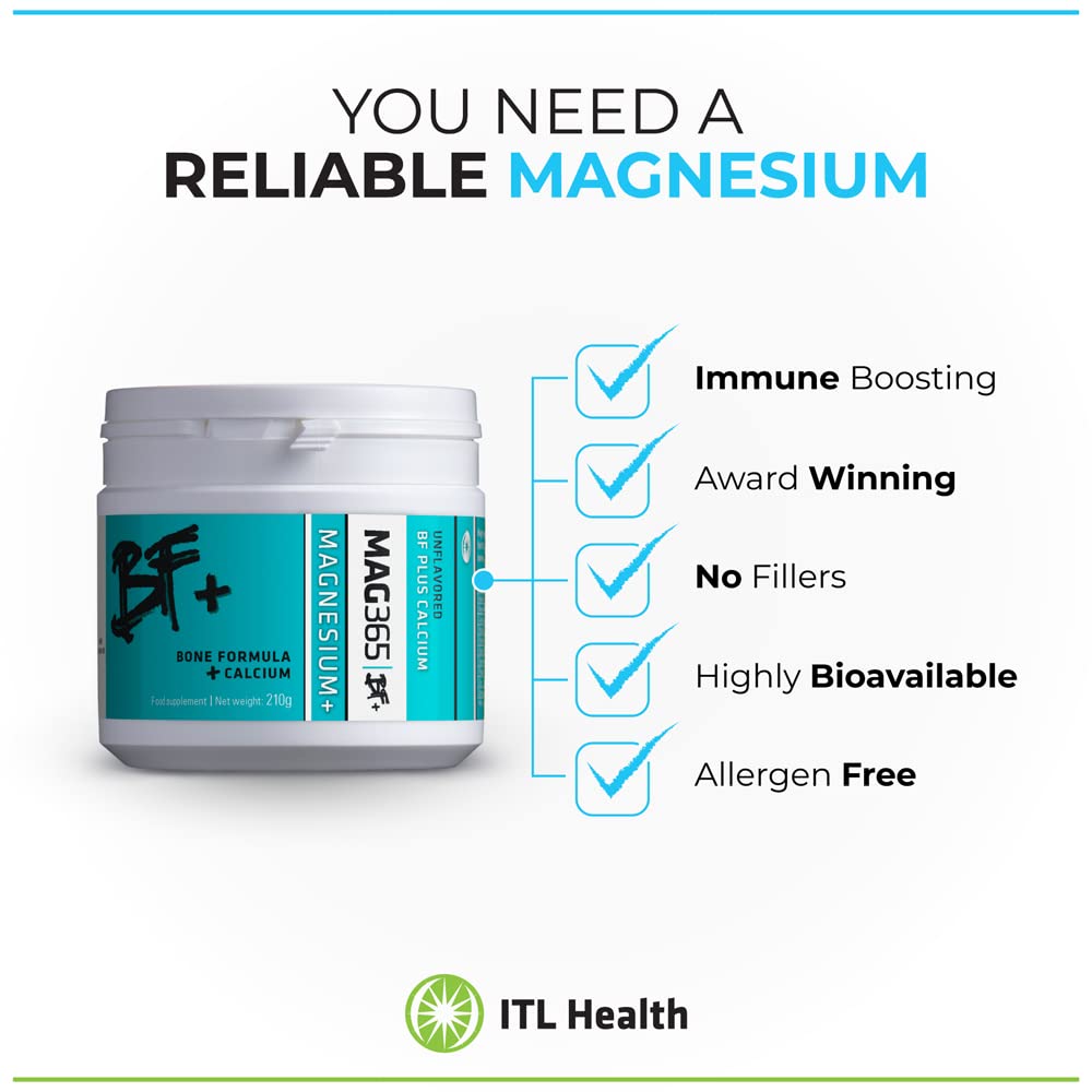 MAG365 ITL Health BF Plus Calcium, 210g 35-Servings - Ionic Magnesium Citrate Powder, Natural Citrus Flavor - Vitamin K2 D3 with Zinc, B6, C, Calcium & Potassium - Bone Support Formula for Men & Women
