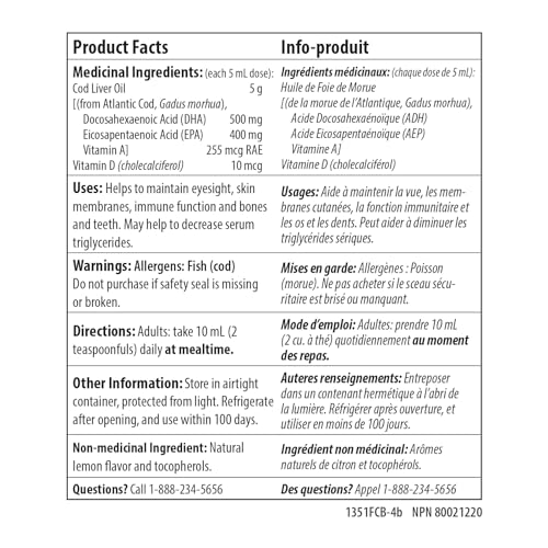 Carlson - Huile de foie de morue, 1100 mg d'oméga-3 + A et D3, huile de foie de morue arctique norvégienne sauvage, huile de poisson nordique liquide issue de la pêche durable