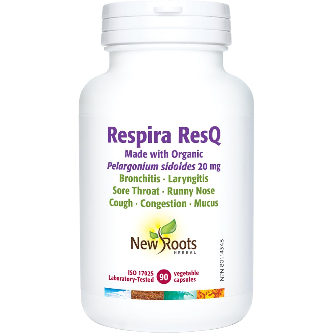 New Roots Herbal Respira ResQ 90 Veg Capsules 30-Day Supply, Featuring Organic Pelargonium Sidoides 20mg, Supports Respiratory Health, Eases Sore Throat & Cough, Helps Clear Mucus, Non-Drowsy, Non-GMO