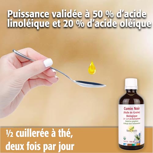 New Roots Herbal - Huile de cumin noir - Huile de graines de nigelle bio pressée à froid - Soulage les éternuements, les démangeaisons oculaires, le nez bouché et la congestion nasale
