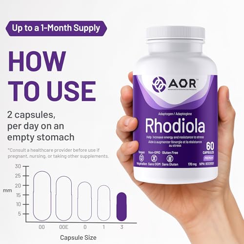 AOR Rhodiola Rosea 170mg - Soutien cognitif pour une concentration et une résilience améliorées, Rosavin et Salidroside, Favorise la clarté mentale et la vitalité physique, Végane, Sans OGM et Sans Gluten