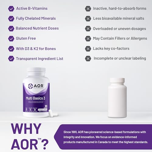 AOR - Multi Basics 3 309mg, 90 capsules - Supplément de minéraux essentiels et de multivitamines pour adultes - Multivitamine quotidienne pour hommes et femmes adultes - Multivitamines et multiméraux