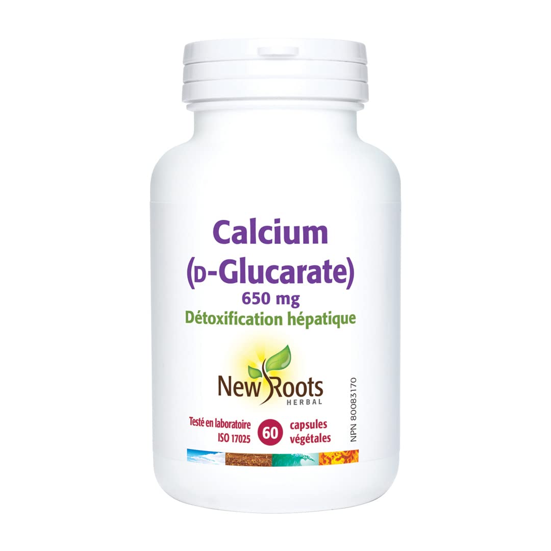 New Roots Herbal Calcium D-Glucarate 650 mg, 60 capsules végétales – Soutient la fonction hépatique saine, favorise l'équilibre hormonal pendant la ménopause, sans OGM, sans produits laitiers, sans soja, sans gluten