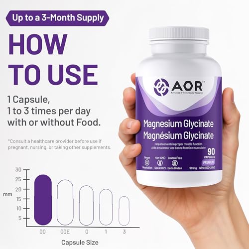 AOR Magnésium Glycinate, 90 mg, Favorise une fonction musculaire et un métabolisme optimaux, Soutien cardiovasculaire, Confort musculaire et cycles menstruels équilibrés, Végétalien et sans OGM