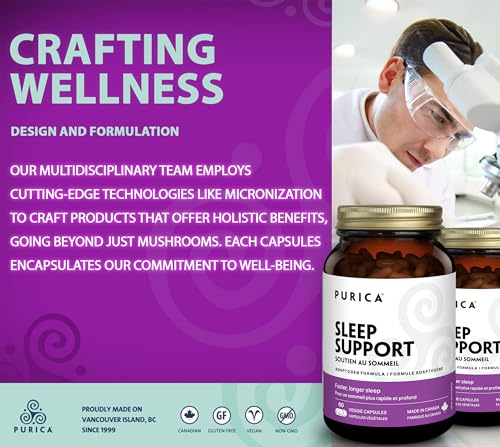 PURICA Sommeil Paisible, Aide à Favoriser des Nuits Reposantes et un Voyage Facile, Contient des Champignons Reishi Rouges, de l'Ashwagandha Biologique et de la Mélatonine, Formule Sans Gluten et Sans OGM