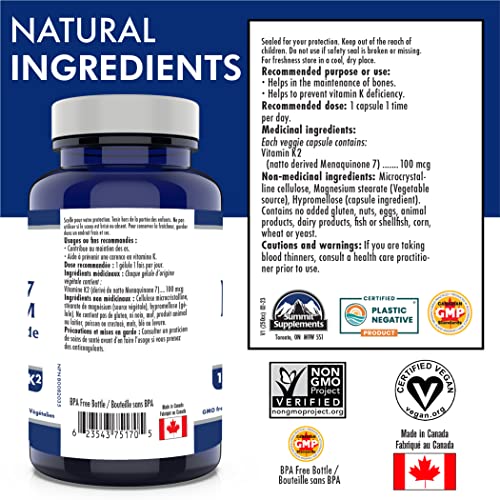 Vitamin K2 MK-7 - K2 Vitamin Supplement MK-7 Vitamin K-2 100 mcg - Heart Health - Cardiovascular Health - Blood Clotting - 3rd Party Tested - Formulated & Made in Canada