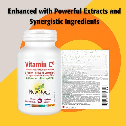 New Roots Herbal Vitamine C‚Å∏ 90 gélules végétales, 45 jours d'approvisionnement - 8 formes actives de vitamine C tamponnée avec du zinc et de l'extrait de thé vert pour une meilleure absorption, un soutien antioxydant, sans OGM, fabriqué au Canada
